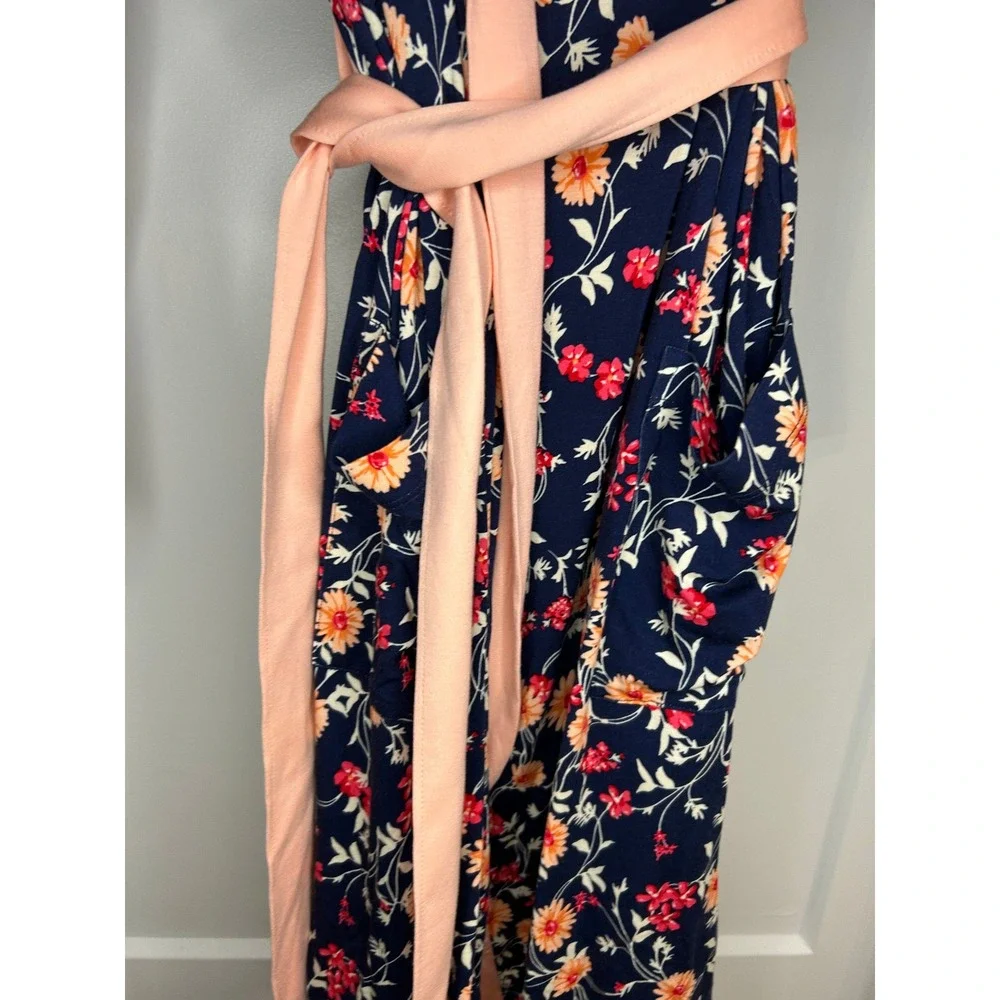 Lands End Womens XS Navy Peach Floral Long Sleeve Knit Robe Pockets Sleepwear